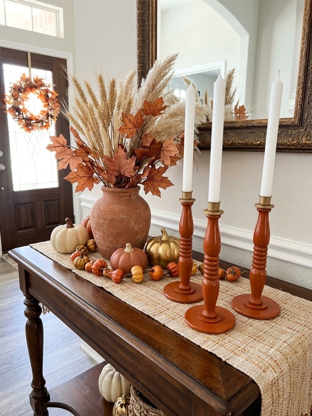 Set of 3 Terracotta Wood Column Taper Candle Holders Gold Metal Cups 10in Tall